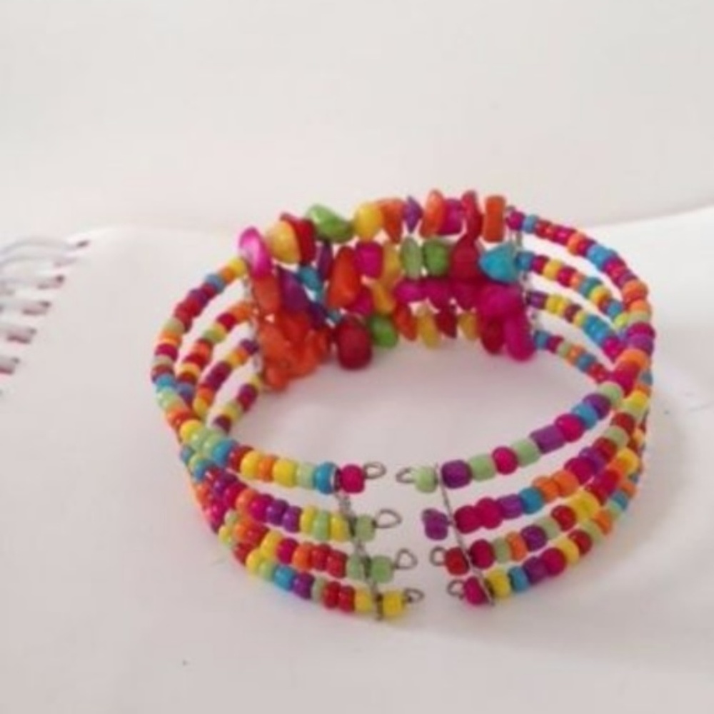 Beaded Wire Bracelet Open Back Festive Colors New - Picture 3 of 8
